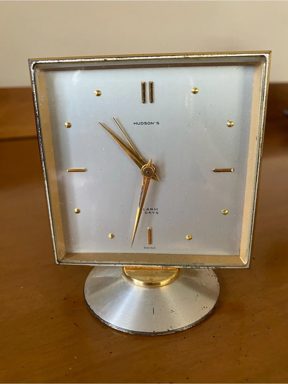 Vintage mid-century Swiss desk alarm clock branded for Hudson's